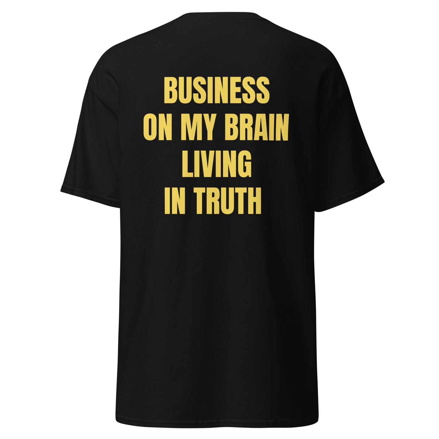Black unisex T-shirt with BOMBLIT logo on front and motivational text on back